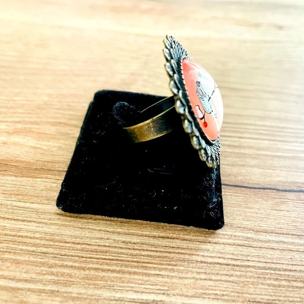 Retro Bird Print Victorian Style Adjustable Ring, Handmade, NWW - Picture 2 of 4